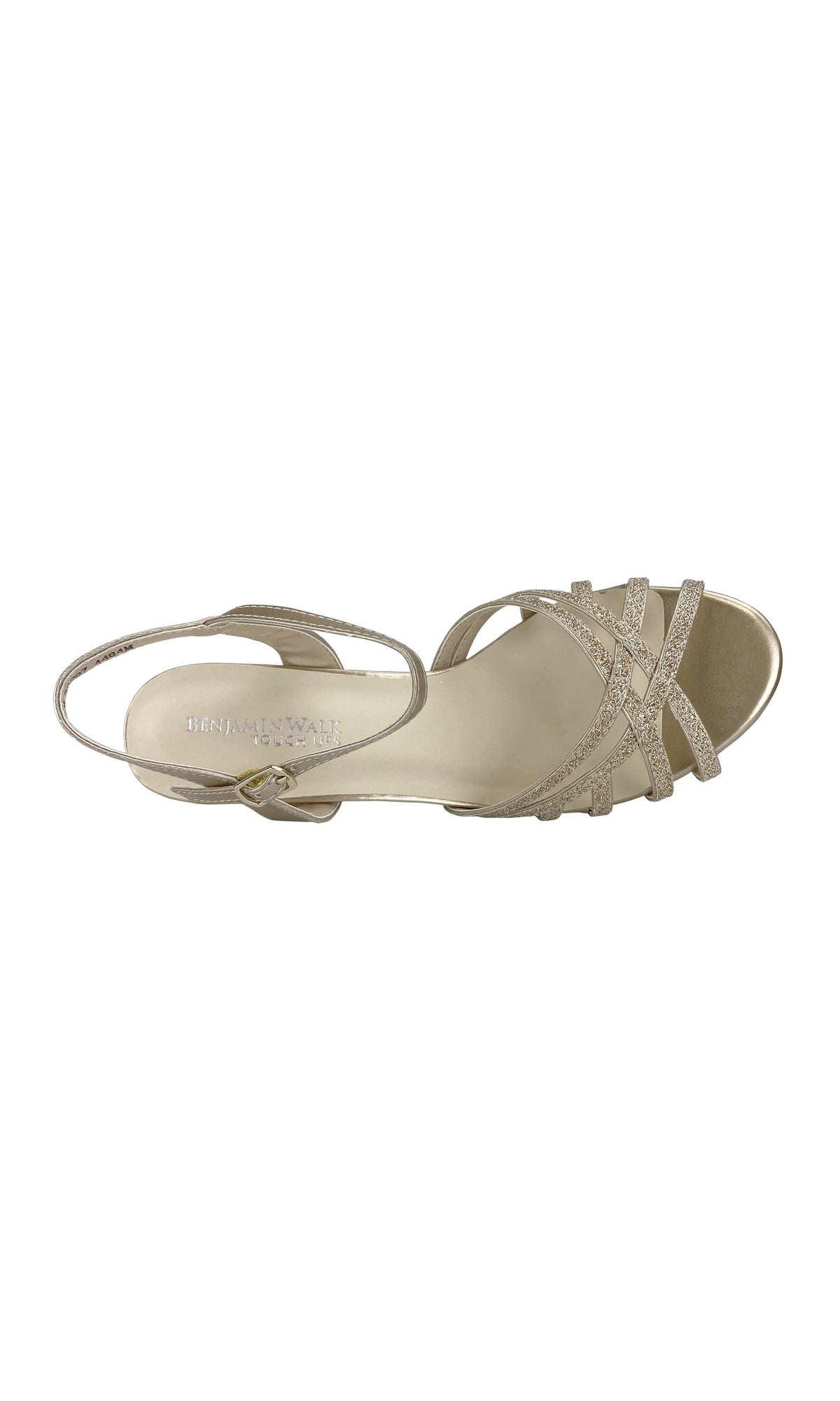 Top view of Amara Champagne Low Heel Prom Shoes by Touch Ups 4484: a beige open-toe sandal with crisscross glitter straps, ankle strap, and cushioned insole—perfect gold heels for special occasions.